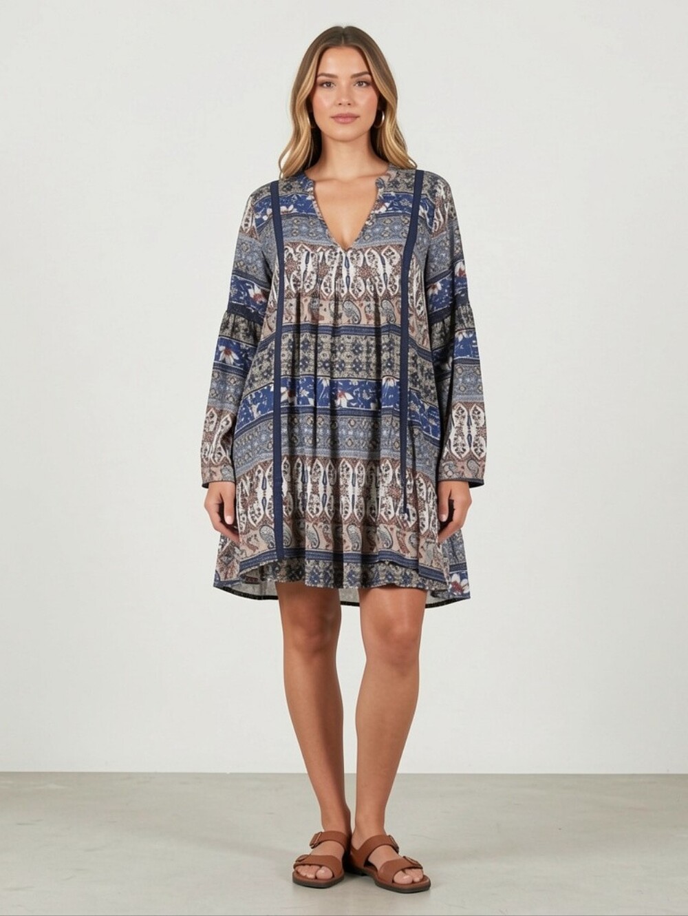 Altar'd State Blue and White Paisley Tiered Tunic Dress